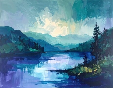 Abstract mountain landscape painting in shades of blue