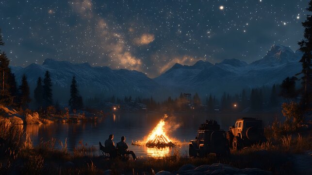Group of friends gathered around a glowing bonfire at night by a lake with mountains under starry sky, off-road vehicles parked nearby, cozy outdoor camping scene with warm firelight.
