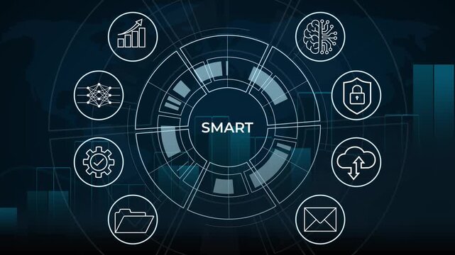 Smart Technology Concept Animation with Futuristic Cyber HUD Circle and Interactive Tech Icons Loop