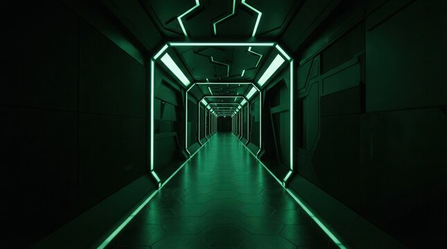 Futuristic, dark corridor with black walls and green Futuristic architectural illuminated by vibrant neon