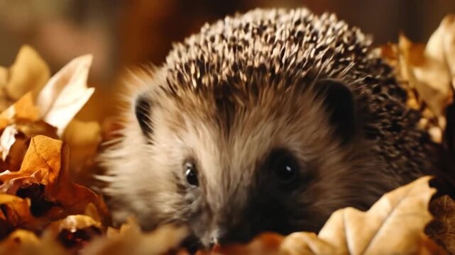 European hedgehog foraging among dry autumn leaves on forest floor in cinematic macro close-up for wildlife documentary and nature conservation marketing
