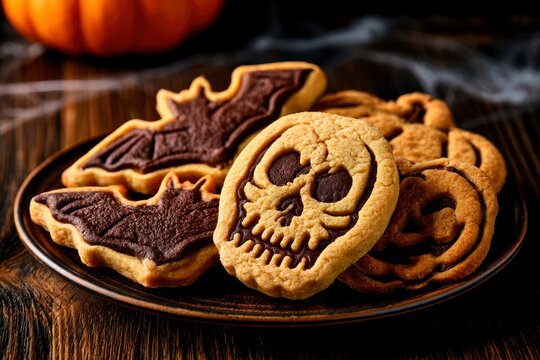 Decorated halloween shortbread cookies with skull and bat patterns on a rustic platter for confectionery marketing and seasonal cafe branding