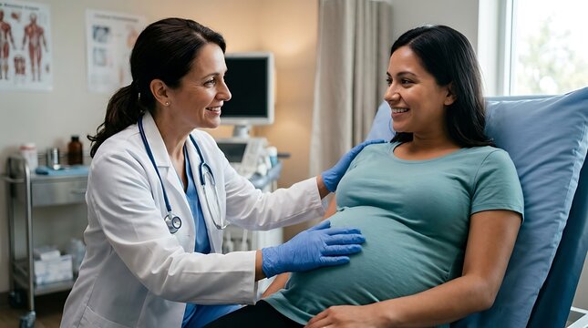 Ultra realistic close up photograph of compassionate obstetrician examining pregnant woman during prenatal checkup doctor wearing white medical coat blue nitrile medical gloves and stethoscope gently 