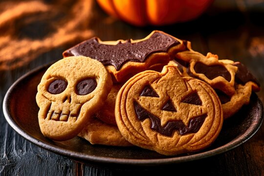 Halloween themed cookies displayed on a dark platter in a warm rustic setting with shallow depth of field for seasonal food branding