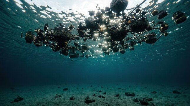 Tranquil Underwater Scene: Calm Blue-Green Ocean Surface with Deep texture teal light filtering