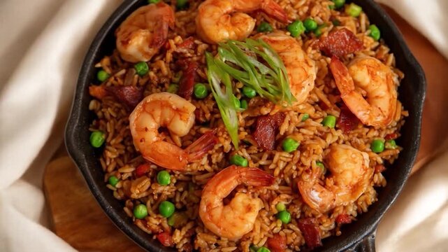 Shrimp paella in cast iron skillet on draped fabric with cinematic slow panning for restaurant menu advertising