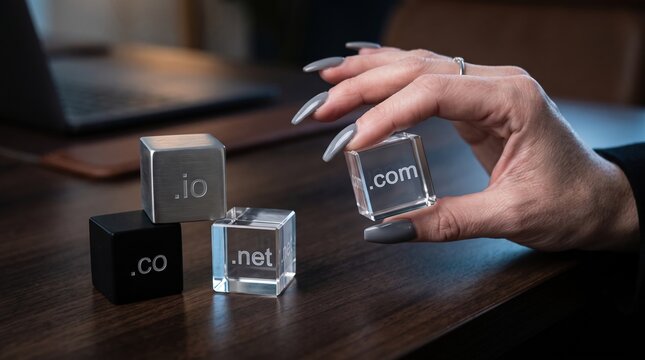 Hand holding a glass cube with com domain extension alongside other cubes labeled with dot co and dot net, internet