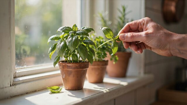 A hand touching fresh green basil leaves in a small terracotta pot on a sunny kitchen window.