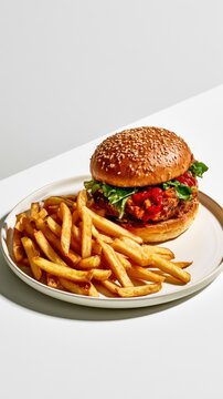 Gourmet burger and crispy french fries served on a white plate in a minimalist studio setting for fast food and restaurant marketing
