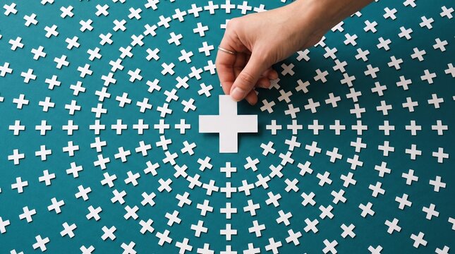 Hand placing a unique white plus sign into the center of a symmetrical pattern of small crosses with positive, addition