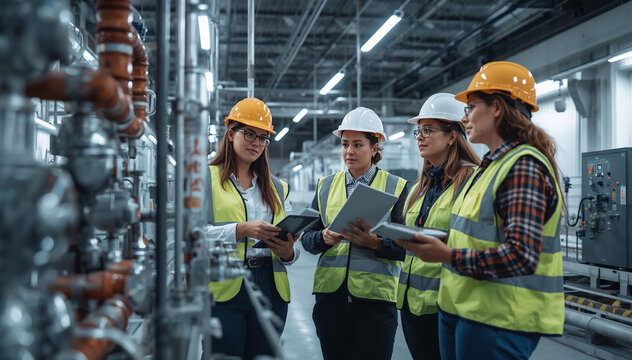 Industrial Engineers Inspecting Factory Equipment | Construction Team Reviewing Plans in Plant | Manufacturing Maintenance and Safety Check