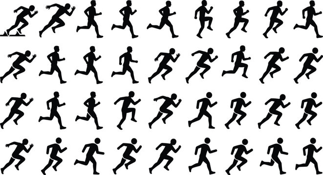 Male Runner Silhouette Animation Sheet Featuring Multiple Sprinter Motion Frames Starting Block Pose and Athletic Run Sequences for Sports and Fitness Visuals