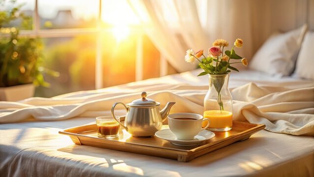 A delicate room service tray rests serenely on a crisp white tablecloth amidst mornings gentle golden sunlit splendor