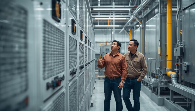 Engineers Inspecting Data Center Infrastructure | Technicians Walking Through Server Room | Industrial Technology and IT Facility Maintenance