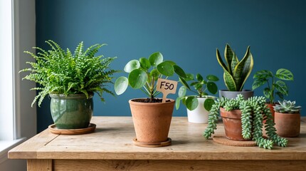 Fototapeta premium Variety of potted houseplants arranged on wooden table against blue wall with houseplants greenery botanical interior