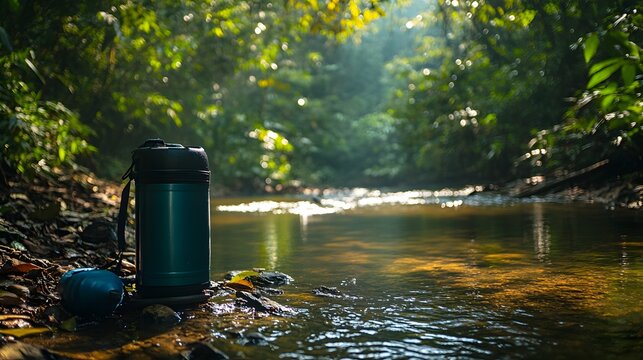 Portable water purification system set up by jungle stream with sunlight glistening on water surface. Outdoor survival gear for adventurers, hikers, campers needing clean drinking water in wilderness.