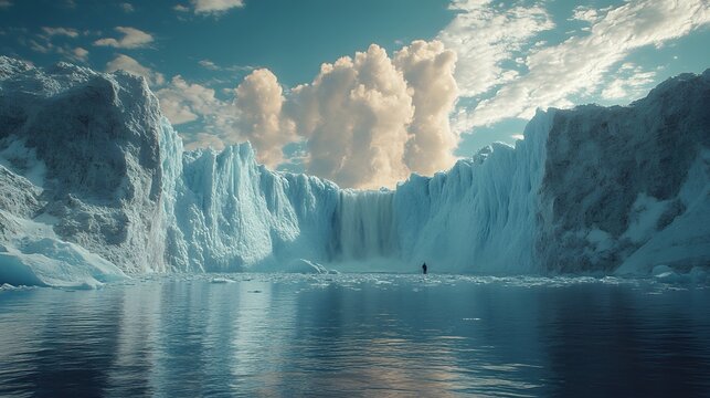 Vast glacier calving into ocean with lone climber observing dramatic melt. Epic natural climate change visual under cloudy sky. Glaciers, ice, water, global warming, environmental impact.