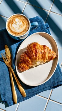 Fresh buttery croissant and latte art coffee on blue tiles with hard sunlight shadows for bakery branding and cafe marketing