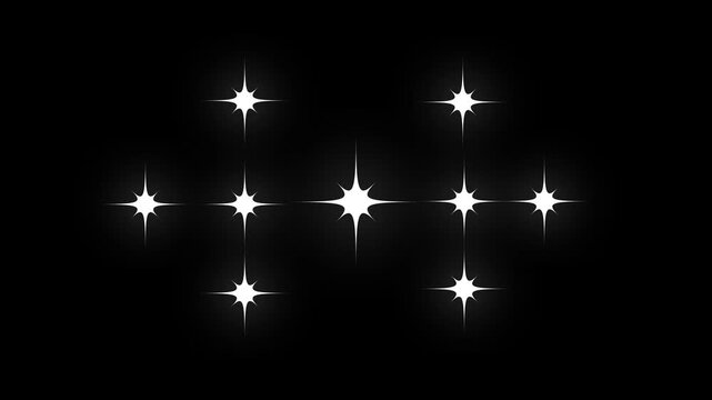 Sparkle star glowing animation on black screen background, white cartoon vector doodle stars with twinkling blinking shine effect, transparent festive overlay, seamless, 4k