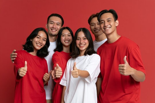 Indonesian Independence Day celebration with diverse young friends. Group of happy young Indonesians in casual attire enjoying patriotic festivities.