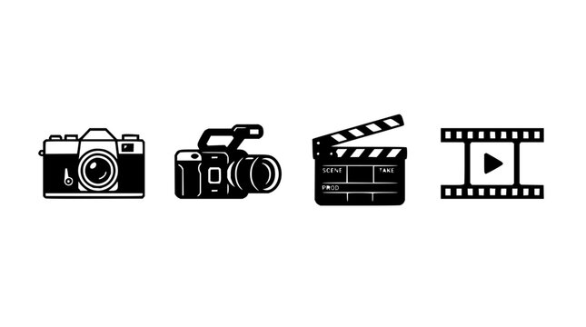 Video film icon set with play pause stop rewind fast forward buttons featuring flat design and modern style with thin lines and rounded corners