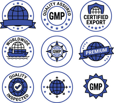 Set of quality assurance and certification badges with globe and gmp icons