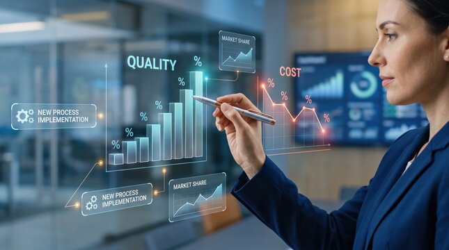 Businesswoman interacting with futuristic holographic interface displaying quality cost and market share charts, new process implementation strategy visualization for corporate
