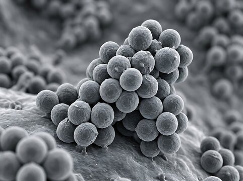 Photorealistic electron microscopy style visualization of Staphylococcus aureus showing dense clusters of spherical cocci with realistic bacterial membrane texture scientifically accurate microbiology