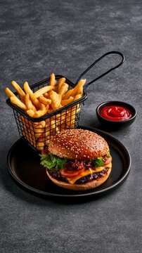 Beef cheeseburger with golden fries in a wire basket on dark stone background in a moody sharp focus shot for restaurant menu marketing