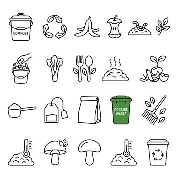 Vector outline icons set representing organic waste composting and eco-friendly recycling