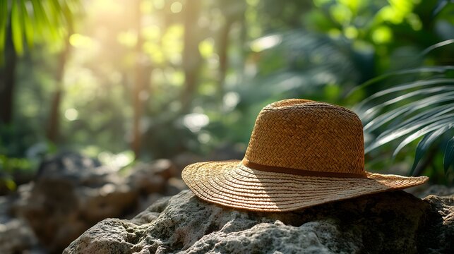 Wide-brimmed straw hat rests on rugged jungle rock with sunlight filtering through dense green foliage creating warm natural lighting and serene outdoor adventure atmosphere.