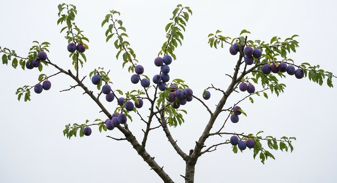 青白い空を背景に 枝にたわわに実る熟した紫色のプラムが鮮やか 柔らかな自然光が果実の豊かな色彩と生命力を際立たせる梅の木. AI Generated