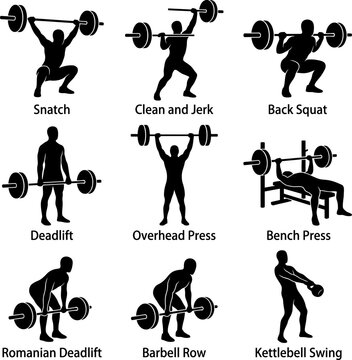 Weightlifting exercises silhouette with equipment in a clean gym setting for fitness and strength training concepts