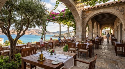 Obraz premium Charming al fresco dining spot featuring a picturesque seaside vista surrounded by vibrant greenery