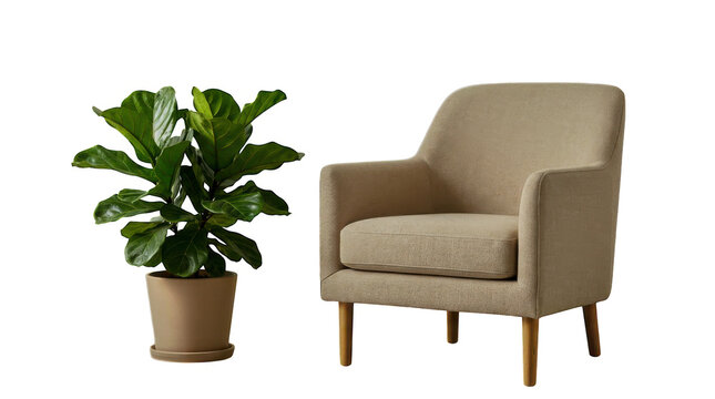 Modern beige armchair with a green potted houseplant for home decor isolated on transparent background