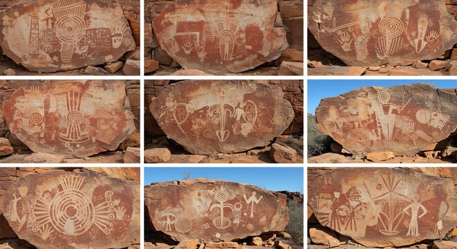 明るい日差しに照らされた古代の岩絵神秘的な模様が赤褐色の岩肌に深く刻まれ悠久の歴史と文化を力強く語る. AI Generated
