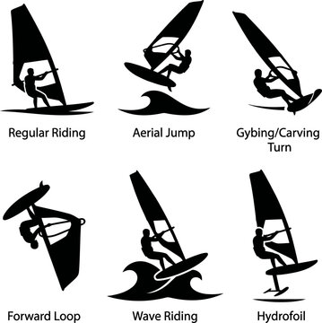 Windsurfing maneuvers demonstrated with dynamic silhouettes on water during daytime with clear skies