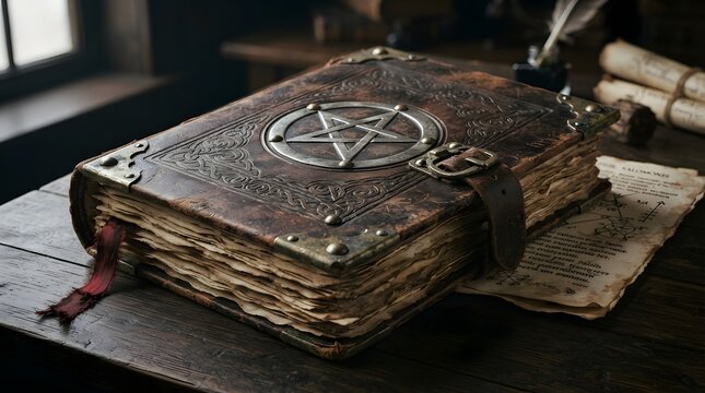 Ancient leatherbound grimoire with a metal pentagram on the cover resting on a dark wooden table