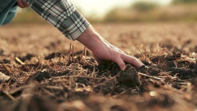 Close-up of a farmer letting fertile soil fall through his fingers in a harvested field. Concept of soil quality assessment, sustainable agriculture, healthy farmland, and precision farming practices 