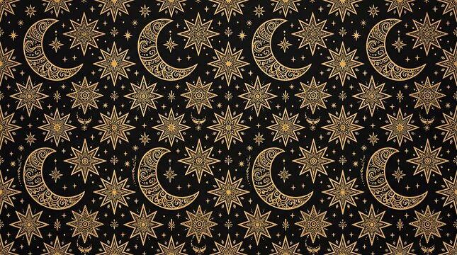 Gold crescent moons and mystical stars celestial pattern background
