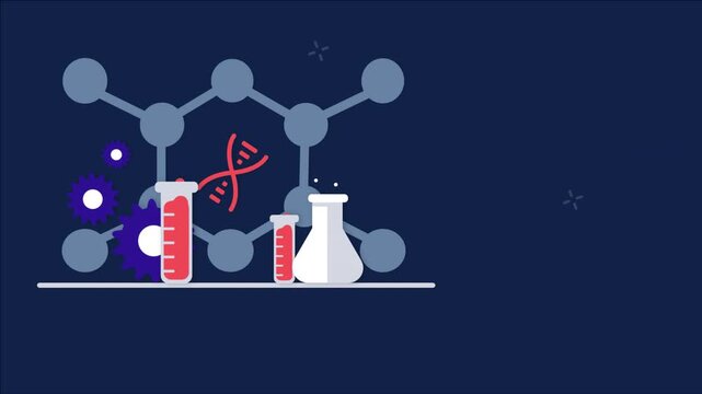 Abstract scientific research background with DNA helix and laboratory equipment.