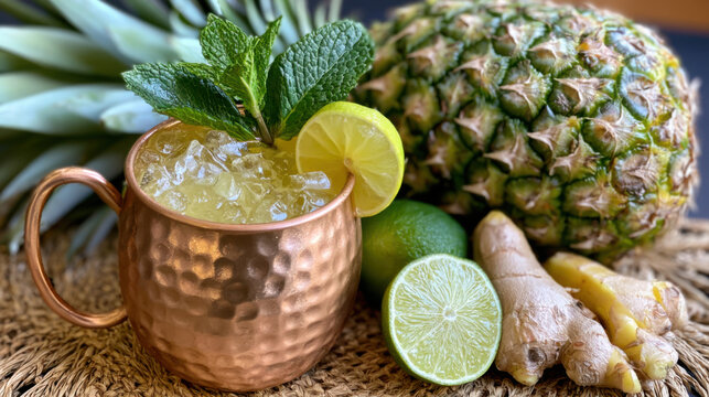 refreshing non-alcoholic pineapple ginger mule mocktail drink