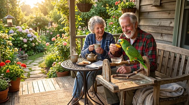 Joyful senior couple enjoying a peaceful afternoon on a sunlit rustic wooden porch while feeding a friendly green parrot together
