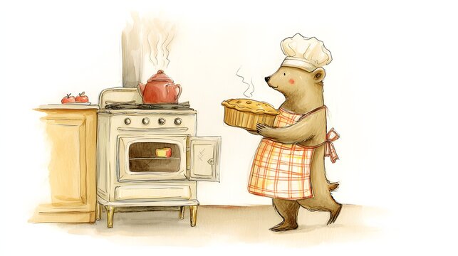 Cute bear chef carrying freshly baked pie beside a vintage oven.