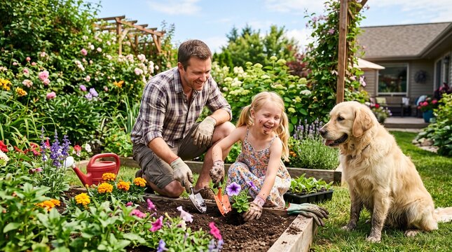 Happy Father and Daughter Enjoying Spring Gardening Activities in a Beautiful Sunny Backyard Garden with Their Pet Dog