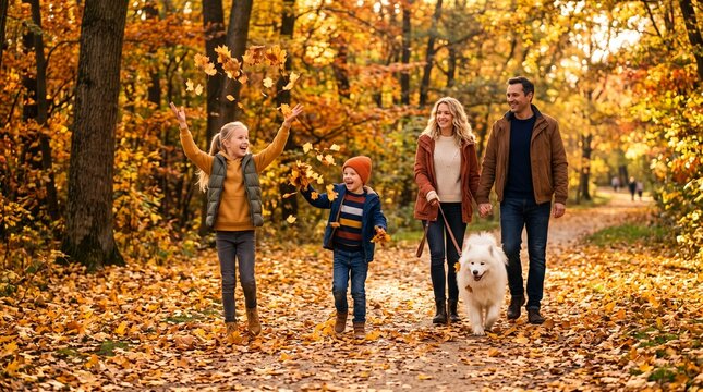 Cheerful Family With Their White Fluffy Dog Enjoying A Sunny Autumn Walk Through The Golden Foliage In A Peaceful Woodland Park