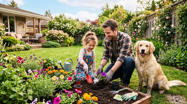 Father and young daughter gardening in a sunny backyard with their golden retriever dog helping plant colorful flowers in spring soil