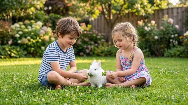 Two Young Children Sharing Gentle Moments With A Small Fluffy White Rabbit While Sitting Together On A Lush Green Garden Lawn In Summer