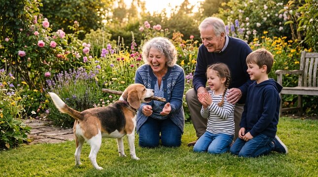 Happy Senior Grandparents and Grandchildren Playing and Interacting with their Friendly Beagle Dog in a Sunny Summer Garden