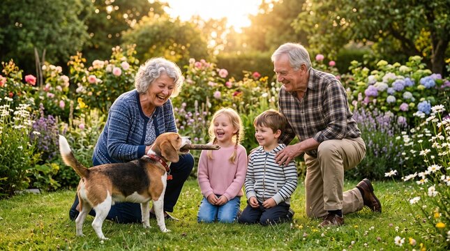 Grandparents and their grandchildren having fun playing with a cute beagle dog in a blooming sunny summer garden together